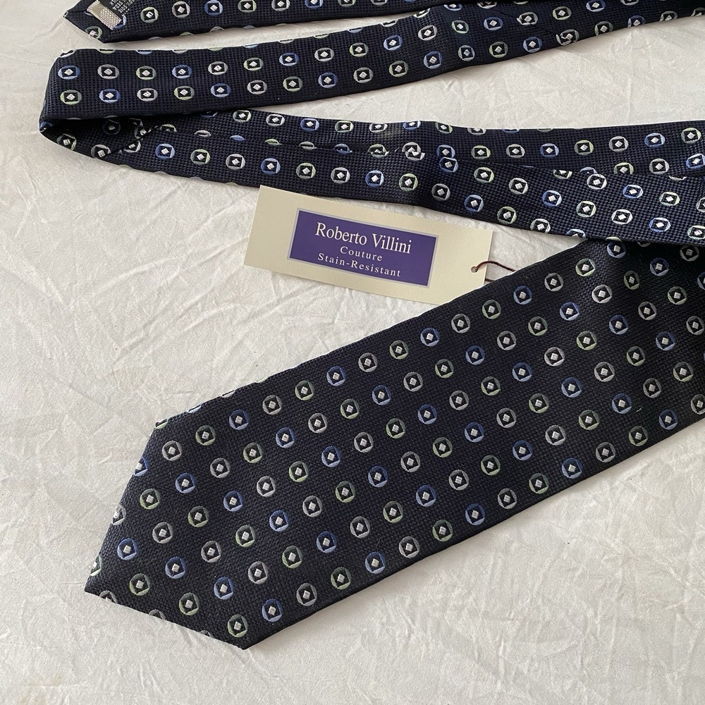 NWT Robert Villini‎ Navy Print Silk Tie Professional Business Classic